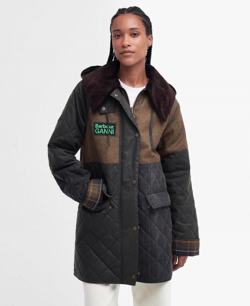 Geaca Dama Barbour Barbour x GANNI Scurte Burghley Matlasat Wax Verzi | Romania_BAR42377